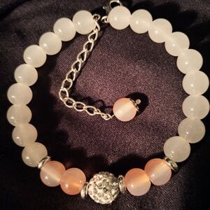 Handmade Pink And Foggy White Glass Bead Bracelet, Memory Wire, Extender